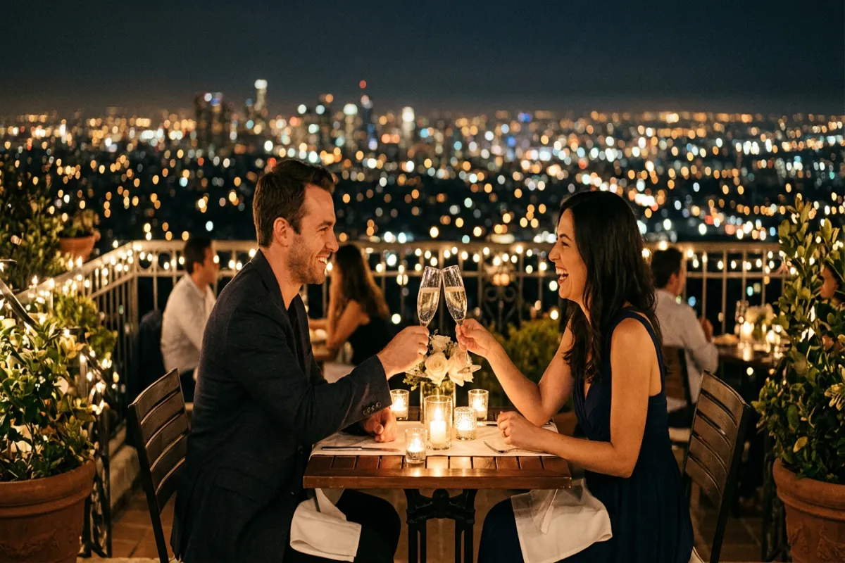 Couple celebrating anniversary trip with champagne
