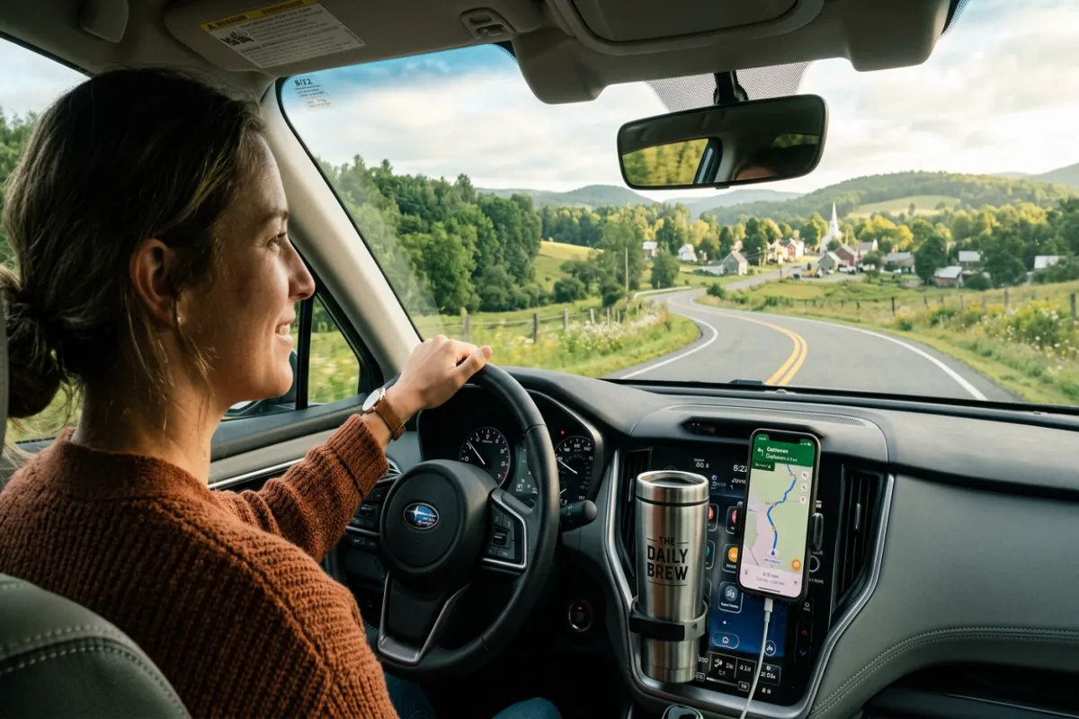 Day trip driving toward small town on sunny morning