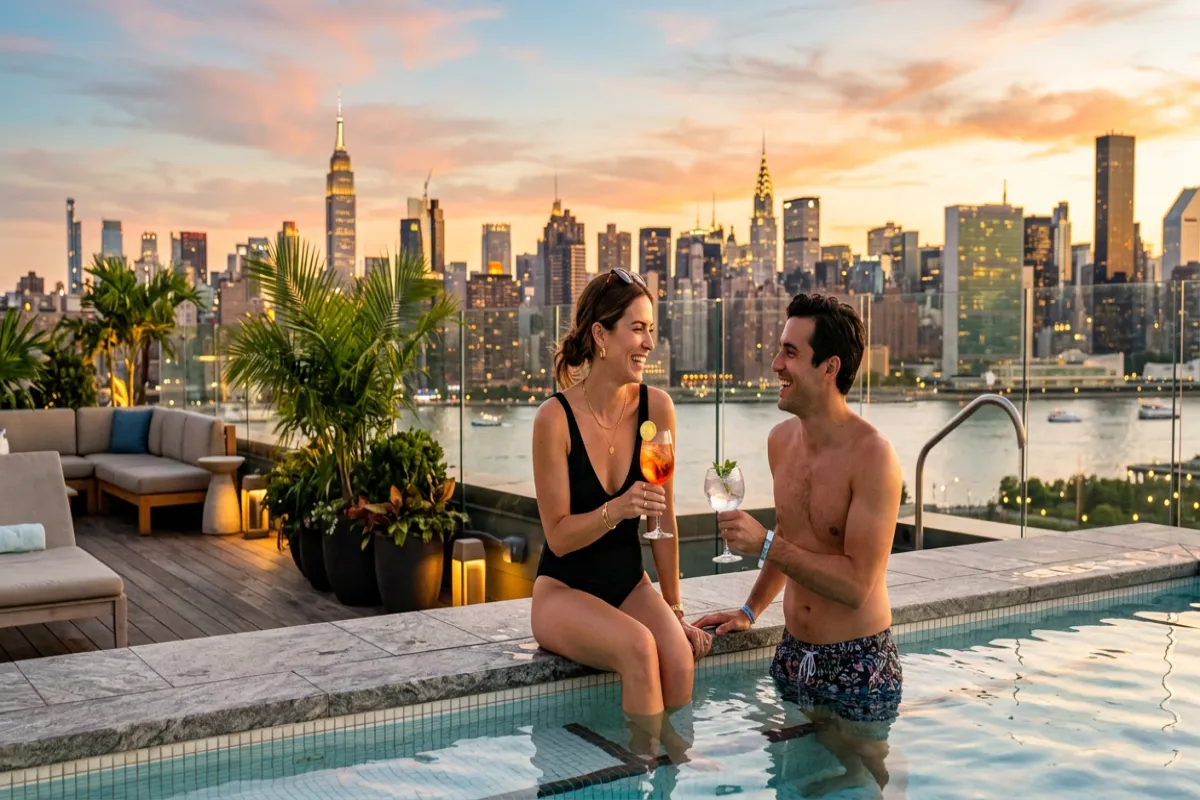 Couple enjoying staycation at rooftop pool