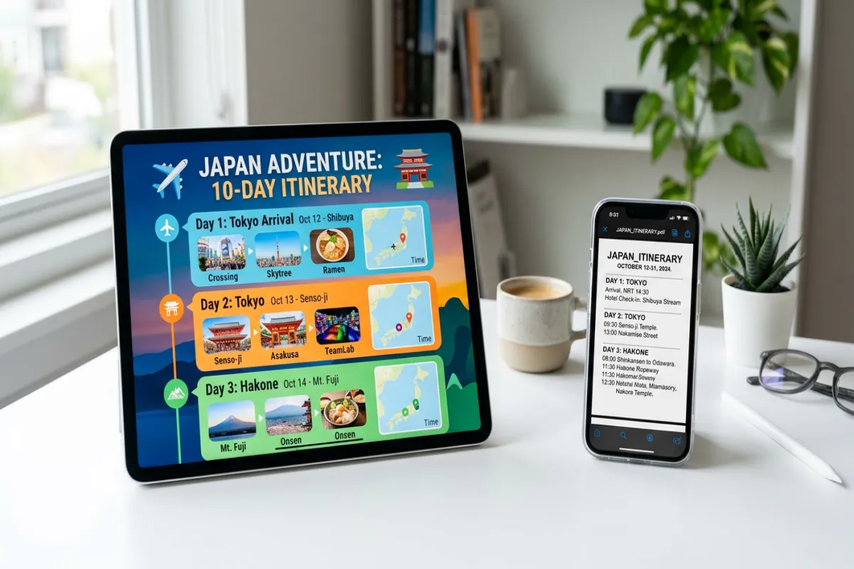 Saving travel itinerary as PDF on tablet and phone
